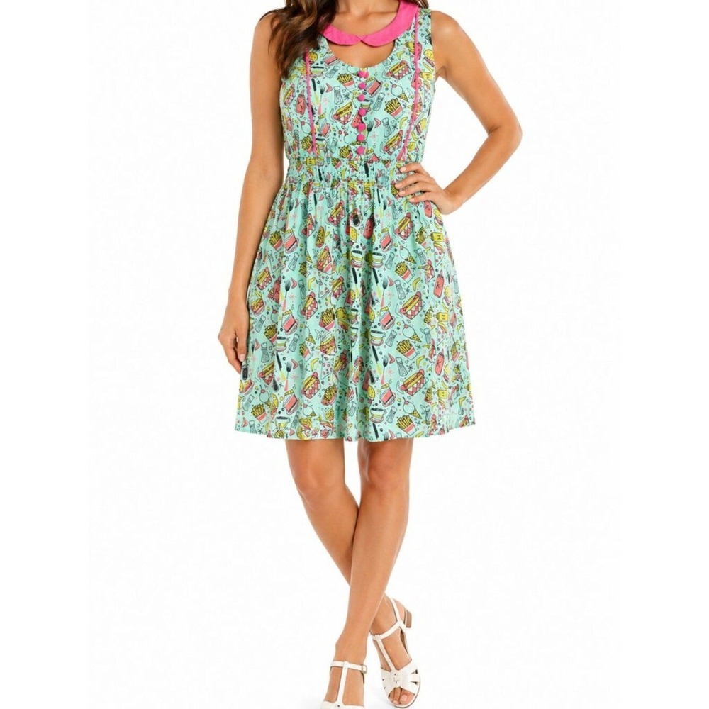 Sourpuss Women's Diner Food Print Dress Small Blue Rockabilly Retro Preppy